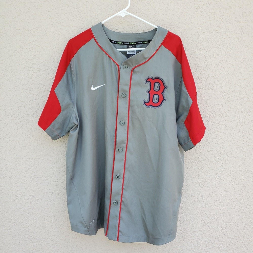 Boston Red Sox Nike Dri Fit Mens Sz XL Button Up Jersey Gray / Red